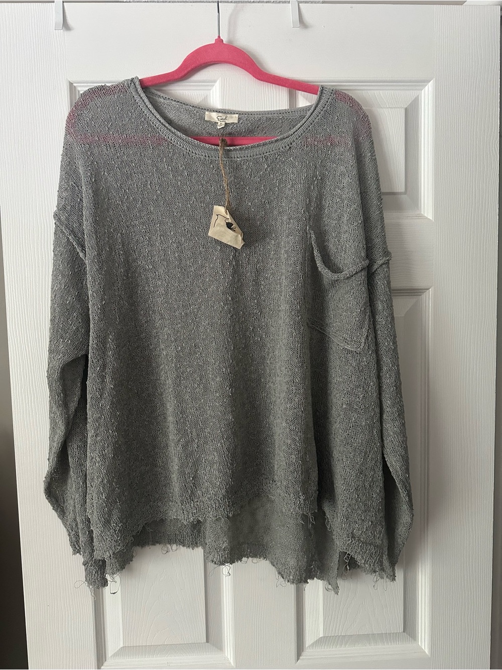 easel Distressed Oversized Scoop-Neck Sweater in Light Gray